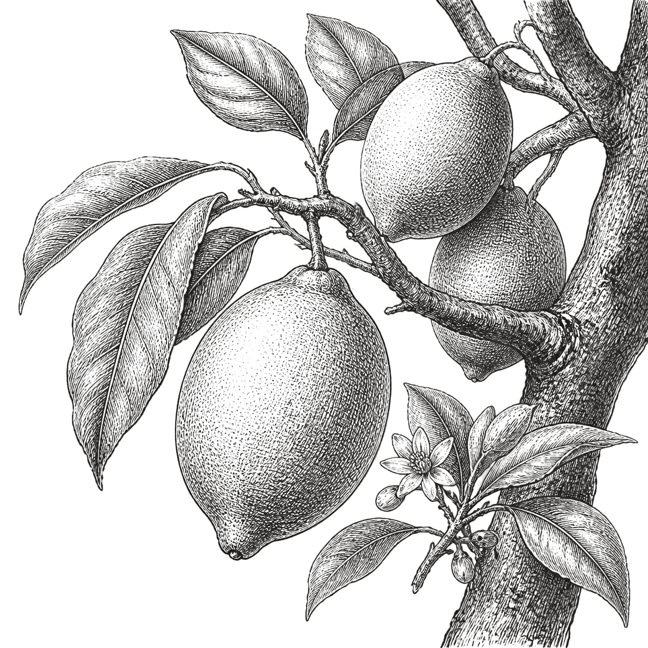 Engraved illustration of a lemon branch with fruit, leaves and blossoms